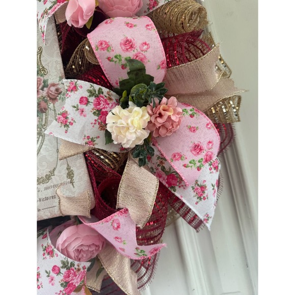 Victorian Style Vintage Bunny Rabbit Mesh Ribbon Spring Wreath, Door Hanger xxx - Picture 5 of 8